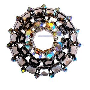 50s-60 XL Rhinestone Brooch 3" Dome Pin Smokey Topaz AB Crystal / Cut Glass